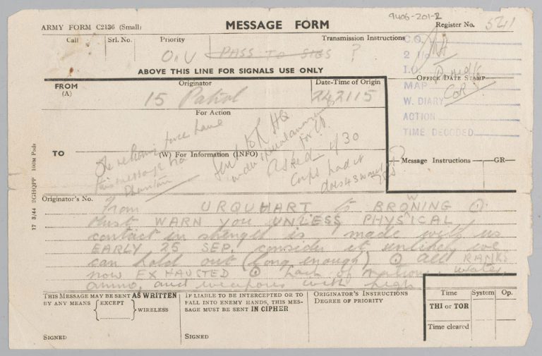 On This Day: 24th September 1944: Signal from Major-General Roy Urquhart to Lieutenant-General Frederick Browning, Urquhart, commanding 1st Airborne Division, outlines his desperate situation and requests immediate assistance in strength from the commander of 1st British Airborne Corps. By this date, 1st Airborne was short of supplies and pinched into a small area around Oosterbeek. https://collection.nam.ac.uk/detail.php?acc=1994-06-201-2  From a collection of papers relating to Operation MARKET GARDEN, the surrender of Bergen, and reports on concentration camps, 1945. © NAM. 1994-06-201-2